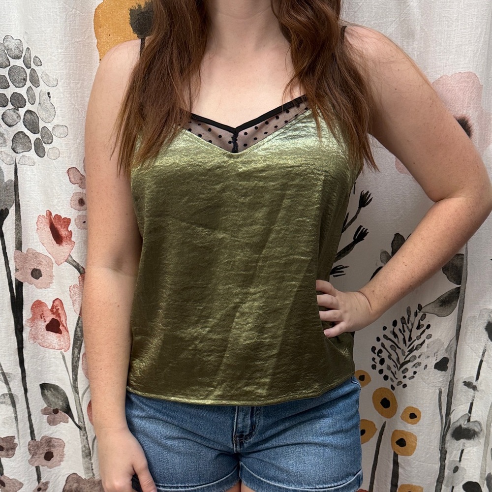 Guess Olive Satin V-Neck Camisole with Black Polka Dot Mesh Trim. Size M
